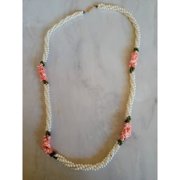 Source Unknown Jewelry - Vintage Twisted Faux Pearl Necklace With Coral And Jade
